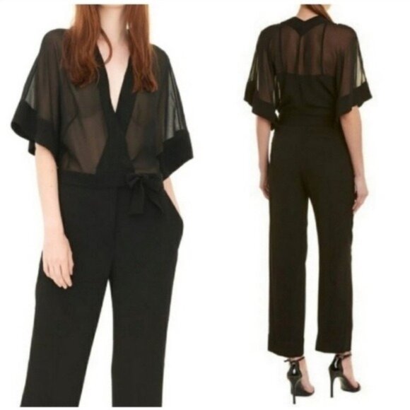 NWT Sandro Pointers Sheer Bodice Crossover Jumpsuit M Black Jumper - Picture 1 of 11